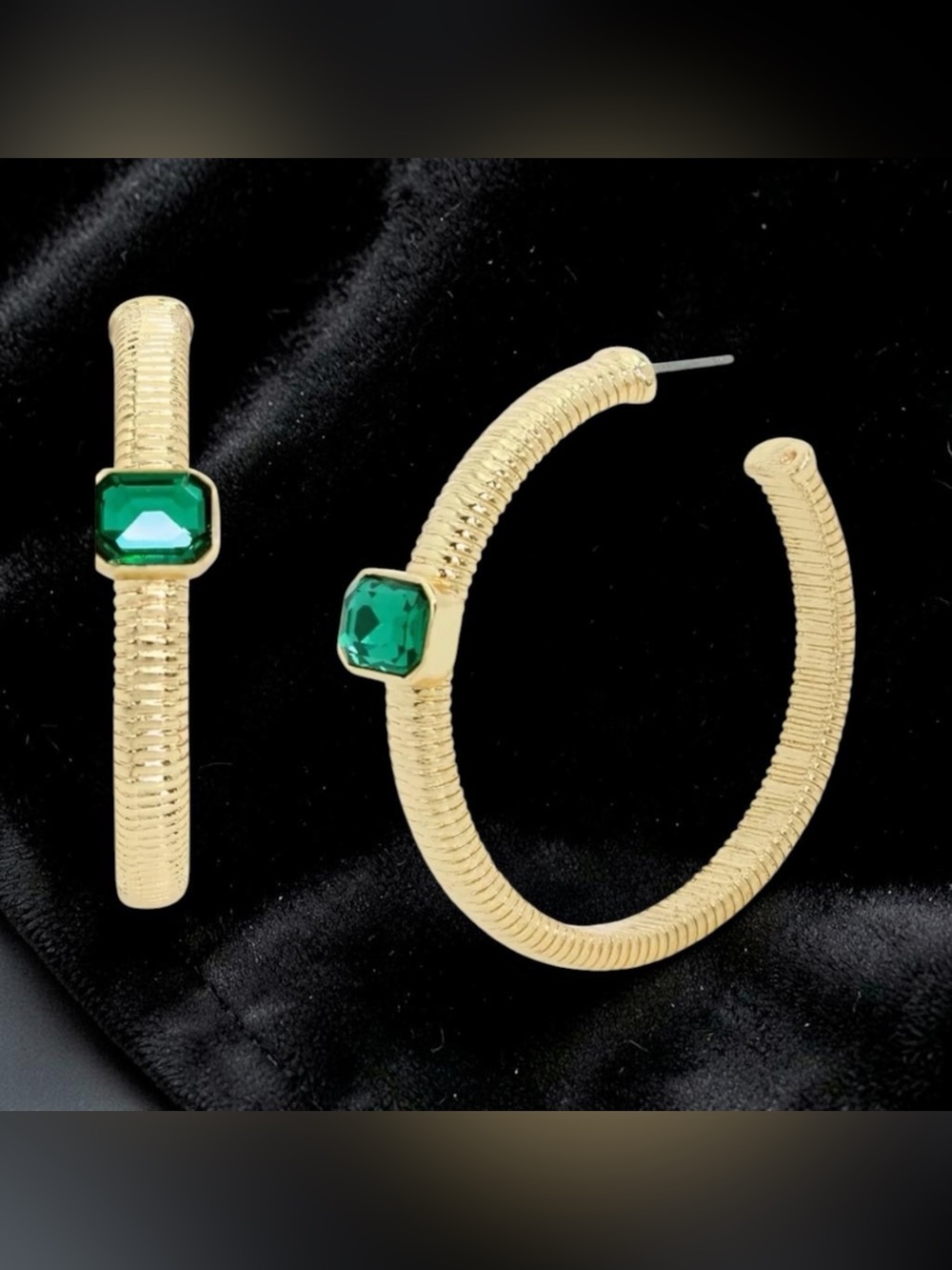 Steve Madden Omega Gold Hoop Earrings with Emerald Green Stone